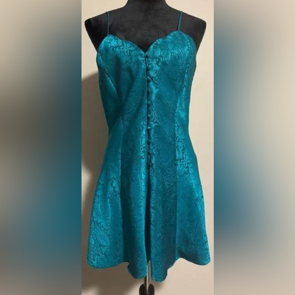 Vintage Victoria Secret Scallop Neckline Button Down Satin Slip Dress Teal Small